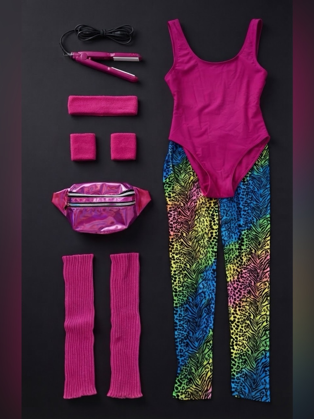 80s Workout Costume Set Leotard Leggings FannyPack Hair Crimper Neon Retro Small